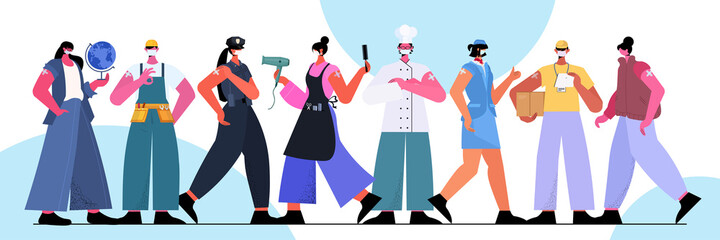 vaccinated people of different occupations standing together after vaccine injection successful covid-19 vaccination