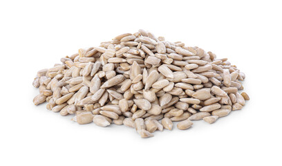Heap of sunflower seeds on white background