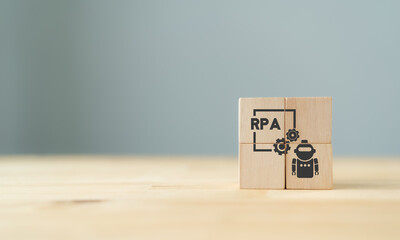 RPA Robotic process automation innovation technology concept. Wooden cube with Robot, Operating,  and Artificial intelligence (AI) on grey background. Intelligent system automation, banner copy space