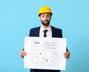 Industrial engineer in hardhat with house plan on blue background