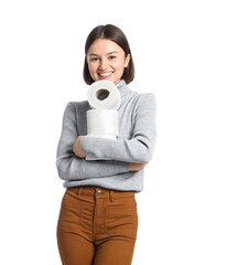 Young woman with toilet paper on white background