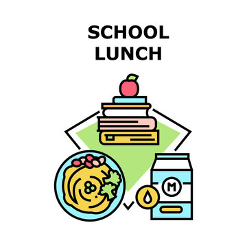 School Lunch Vector Icon Concept. Delicious Healthy Porridge With Peas And Broccoli, Milk Drink And Apple Fruit School Lunch Food. Vitamin Nutrition And Milky Beverage Color Illustration