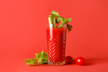 Glass of bloody mary with celery and tomatoes on color background - obrazy, fototapety, plakaty