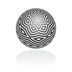 3D spherical shape with abstract geometric pattern.