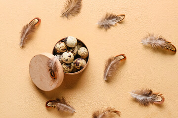 Box with eggs and pheasant feathers on beige background