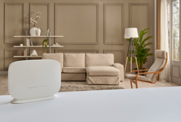 Close up white modem on the table and decorative living room background style.