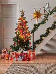 Decorative Noel and New Year interior living room concept, home style, furniture, Christmas tree. Happy new year at house concept.