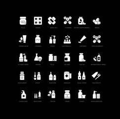 Pharmacology and Drugs. Collection of perfectly simple monochrome icons for web design, app, and the most modern projects. Universal pack of classical signs for category Medicine.