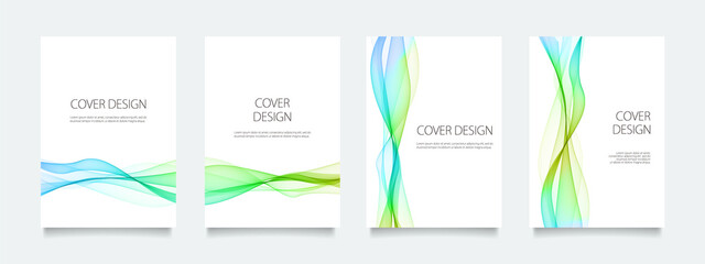 白の背景に青と緑のウェーブラインのベクターカバーデザインセット（イラスト）。ビジネスのパンフレット、カード、ポスターなどの背景として。
