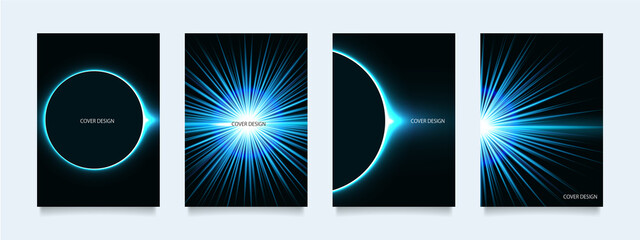 青く光る光のベクターカバーデザインセット（イラスト）。ビジネスのパンフレット、カード、ポスターなどの背景として。