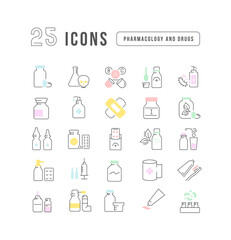 Pharmacology and Drugs. Collection of perfectly thin icons for web design, app, and the most modern projects. The kit of signs for category Medicine.