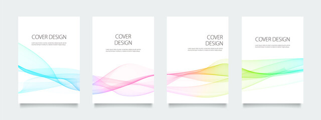 白の背景にパステルカラーのウェーブラインのベクターカバーデザインセット（イラスト）。ビジネスのパンフレット、カード、ポスターなどの背景として。