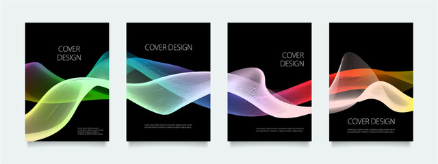 黒の背景に鮮やかなウェーブラインのベクターカバーデザインセット（イラスト）。ビジネスのパンフレット、カード、ポスターなどの背景として。