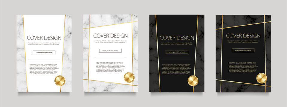白と黒の大理石に金色の線のベクターカバーデザインセット（イラスト）。ビジネスのパンフレット、カード、ポスターなどの背景として。