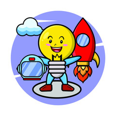 Lamp mascot cartoon character as astronut with rocket, helm, and cloud in cute style for t-shirt, sticker, logo element, poster