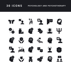 Psychology and Psychotherapy. Collection of perfectly simple monochrome icons for web design, app, and the most modern projects. Universal pack of classical signs for category Medicine.