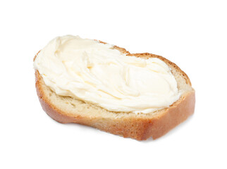 Slice of bread with tasty cream cheese isolated on white