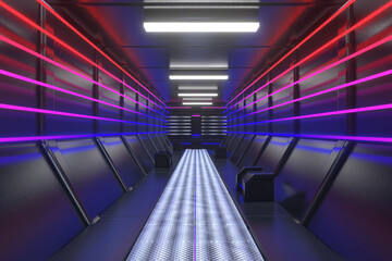 3D Rendering Sci Fi Futuristic Corridor Hallway with neon light 