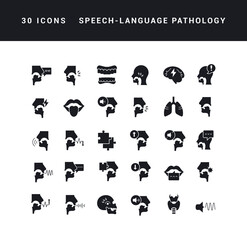 Speech-Language Pathology. Collection of perfectly simple monochrome icons for web design, app, and the most modern projects. Universal pack of classical signs for category Medicine.