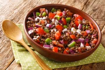 Tasty Green Lentil Salad Azifa close up in the plate on the table. Horizontal