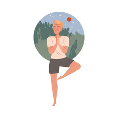 Young man meditating in Tree pose in nature. Young woman practicing yoga and breathing exercise cartoon vector illustration