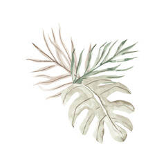 Watercolor tropical leaves bouquet, dry palm leaves composition 