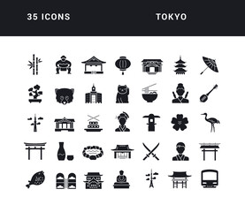 Tokyo. Collection of perfectly simple monochrome icons for web design, app, and the most modern projects. Universal pack of classical signs for category Countries and Cities. - obrazy, fototapety, plakaty