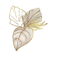 Watercolor tropical leaves bouquet on white background