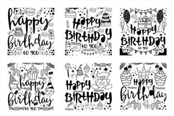 Happy birthday. Cute hand drawn birthday doodles, set of birthday design element in doodle style vector illustration