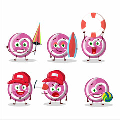 Happy Face pink sweet candy cartoon character playing on a beach