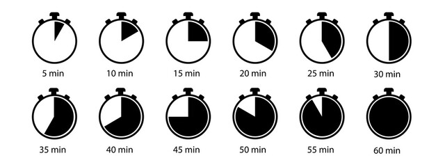Timer, clock, stopwatch isolated icon set. Cooking time. Vector illustration. - obrazy, fototapety, plakaty