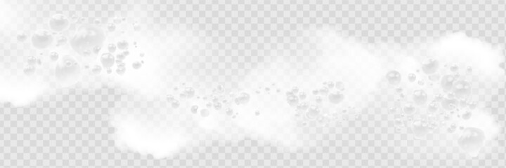 Bath foam with shampoo bubbles isolated on a transparent background. Vector shave, foam mousse with bubbles top view template for your advertising design. - obrazy, fototapety, plakaty