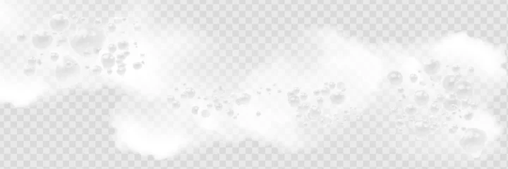 Foto op Plexiglas Bath foam with shampoo bubbles isolated on a transparent background. Vector shave, foam mousse with bubbles top view template for your advertising design. © kume111000