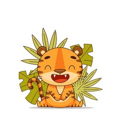 Naklejka na ściany i meble A cute tiger sits around tropical leaves. Postcard in cartoon kawaii style. Vector for design, banners, children's books and patterns