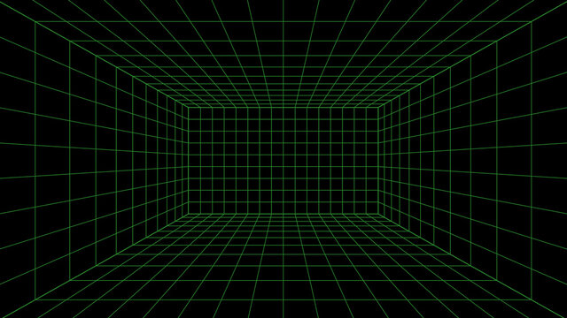 3d wireframe grid room. 3d perspective laser grid 16 9.. Cyberspace black background with green mesh. Futuristic digital hallway space in virtual reality. Vector illustration.