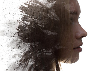 A profile portrait of a woman combined with abstract ink strokes in a paintography technique.