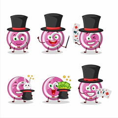 A pink sweet candy Magician cartoon character perform on a stage