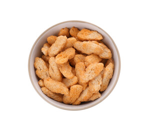 Delicious crispy rusks in bowl on white background, top view