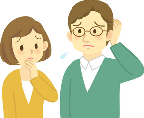 イラスト素材:若夫婦が向かい合って困った表情で思い悩む場面　 頭をかく姿
