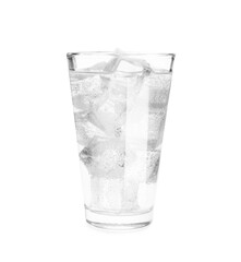 Glass of soda water with ice isolated on white