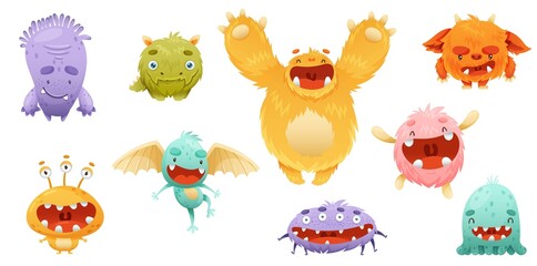 Cute colorful monsters characters set. Toothy and fluffy mutants with funny friendly faces cartoon vector illustration - obrazy, fototapety, plakaty