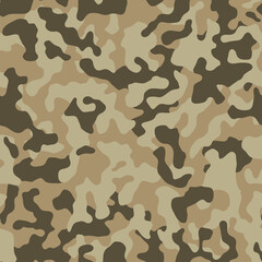 Camouflage pattern background seamless vector illustration. Classic clothing style masking camo repeat print. Beige, brown, ocher colors forest texture. 