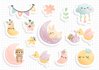 Obraz premium Sleeping baby animal and moon sticker, scrapbook. Animal sticker sheet