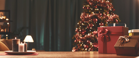 Christmas tree and gifts in the living room