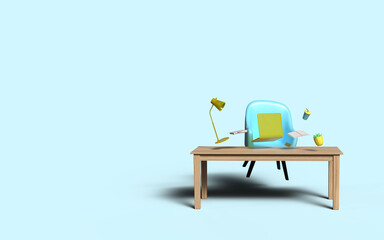 3d render of a writing desk with a laptop flying in the air, a lamp, paper and a telephone. Weightlessness and balance at work.