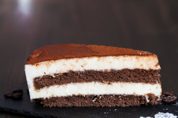 chocolate cake with cream layers, close up