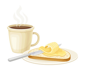 Coffee cup, bread and butter and cheese. Breakfast food, morning time concept cartoon vector illustration