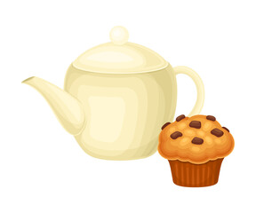 Breakfast food, morning time concept. White ceramic teapot and cupcake cartoon vector illustration