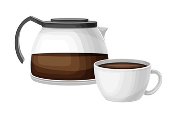 Coffee glass pot and white ceramic cup. Breakfast food, morning time concept cartoon vector illustration