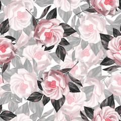 Floral seamless pattern with white rose flowers and gray leaves.